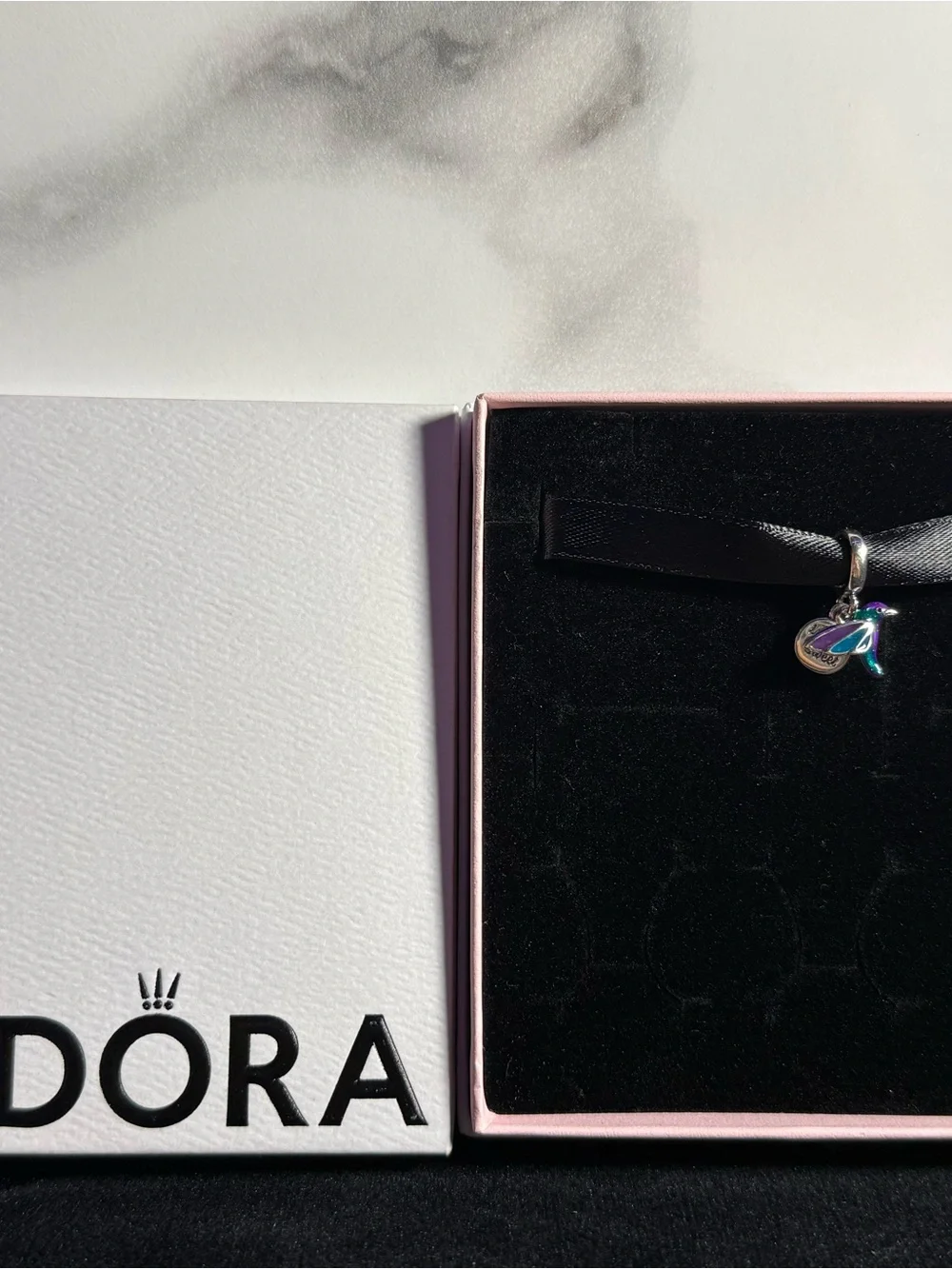 Pandora hummingbird “life is sweet” Dangle Charm - Purple and Blue